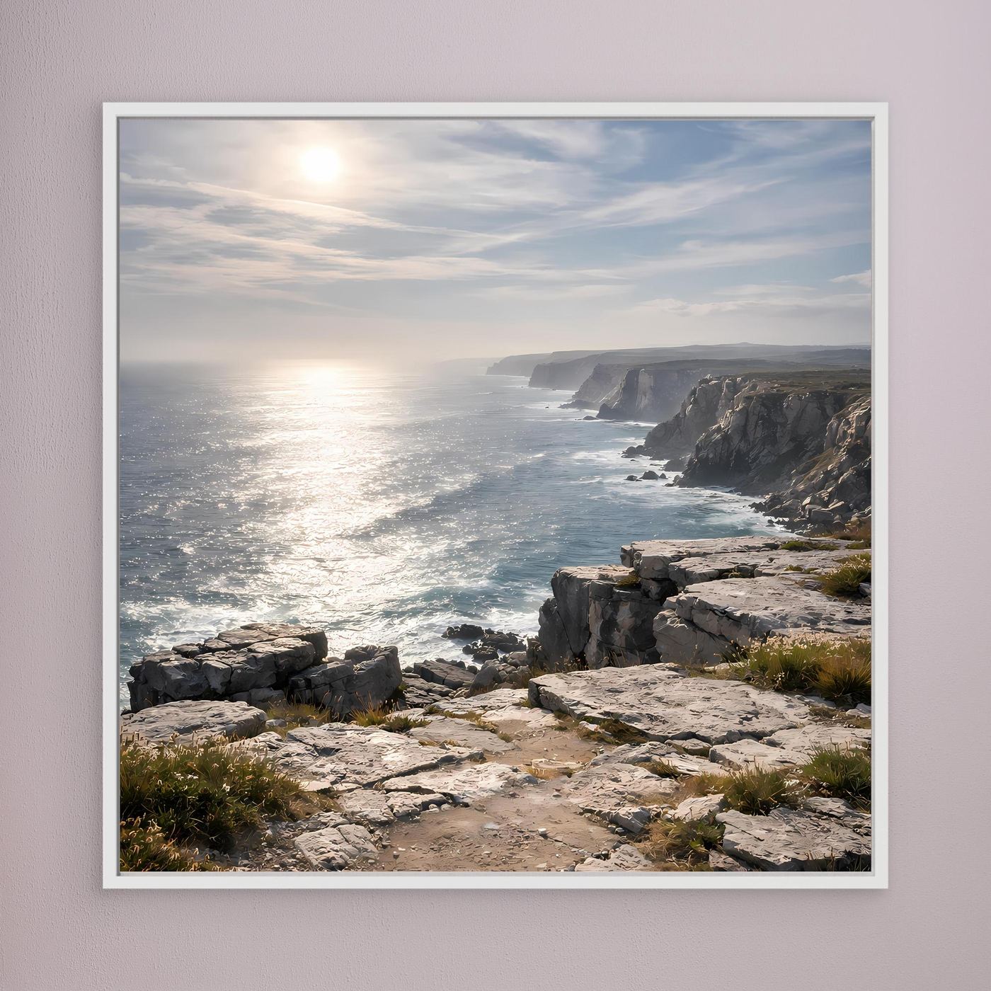Leinwandbild Steilküste am Meer mit Felsen, Meer und Sonnenaufgang im weißen Rahmen
