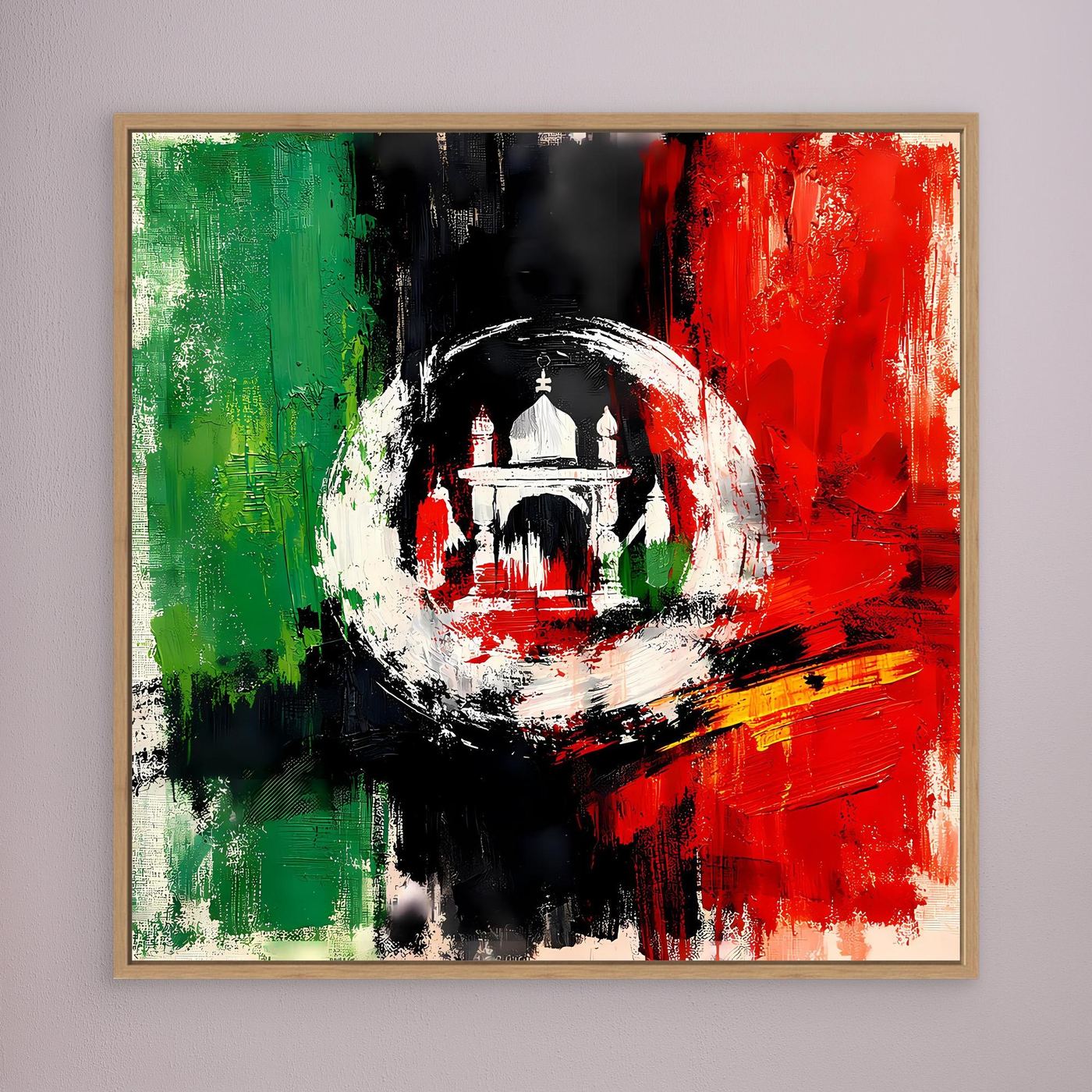 Oak-framed canvas wall art with abstract Afghanistan flag colors and central emblem