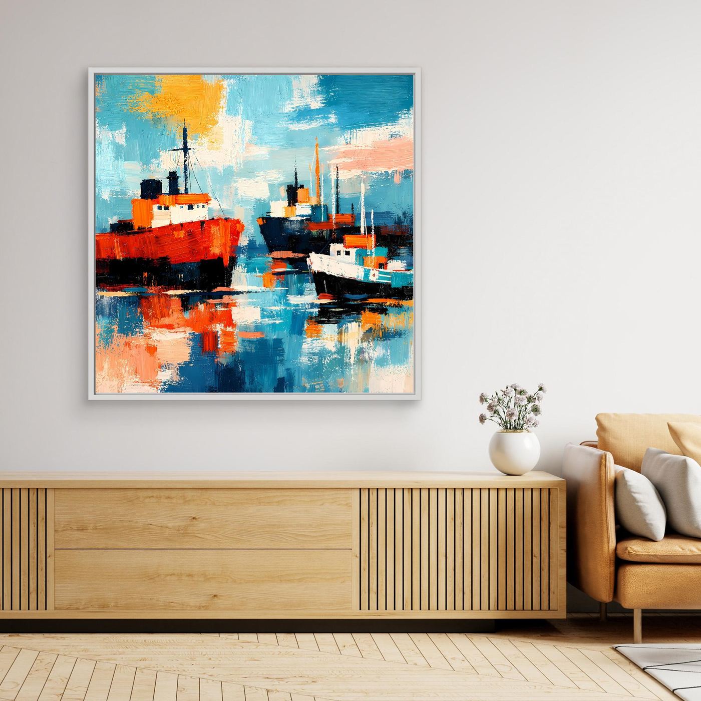 Abstraktes Hafen-Wandbild mit zwei Schiffen, türkis-blauer Farbflächen und Rahmen