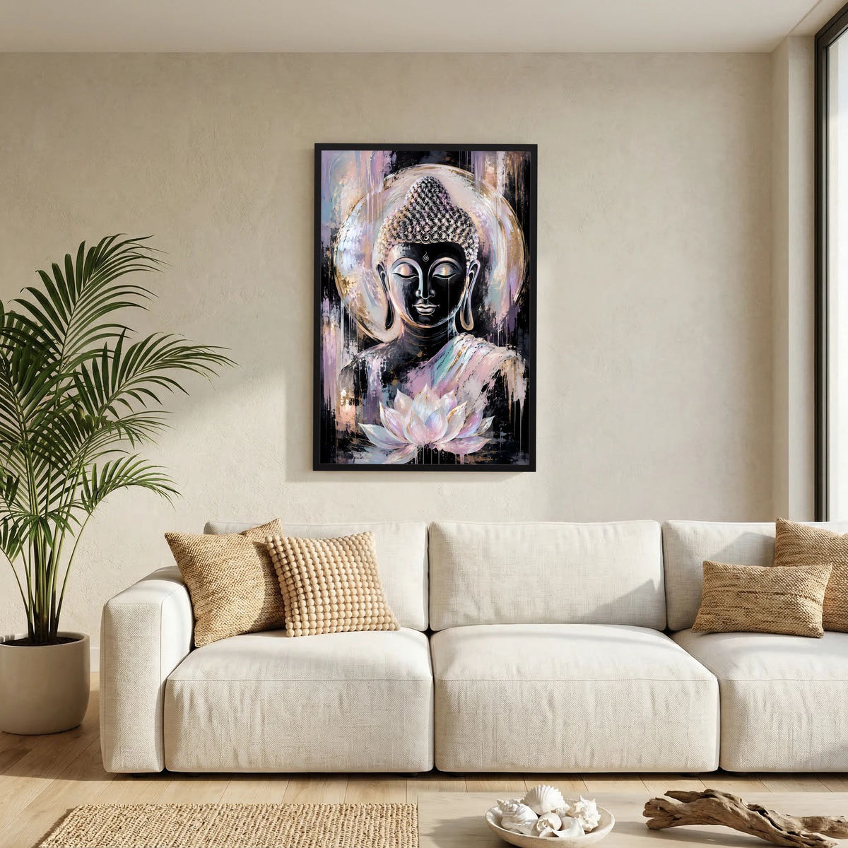 Buddha-Poster im Hochformat mit schwarzem Rahmen, Buddhafigur mit Lotusblüte