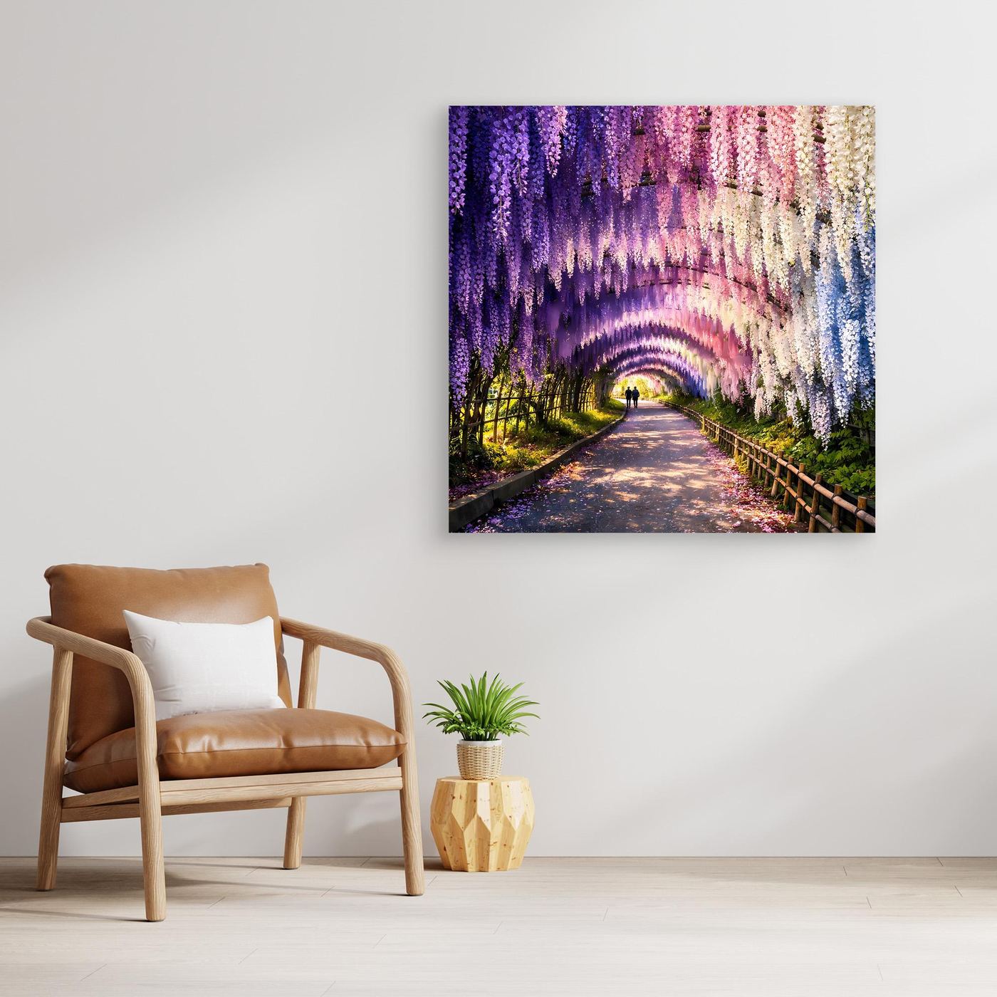 Leinwandbild mit Glyzinien-Tunnel, lila und rosa Blüten über dem Weg