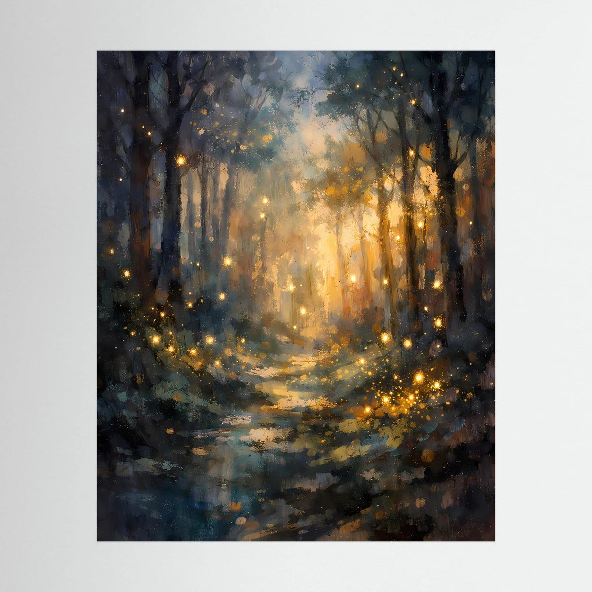 Hochformatiges Poster mit Waldweg, goldenen Lichtpunkten und warmem Leuchten