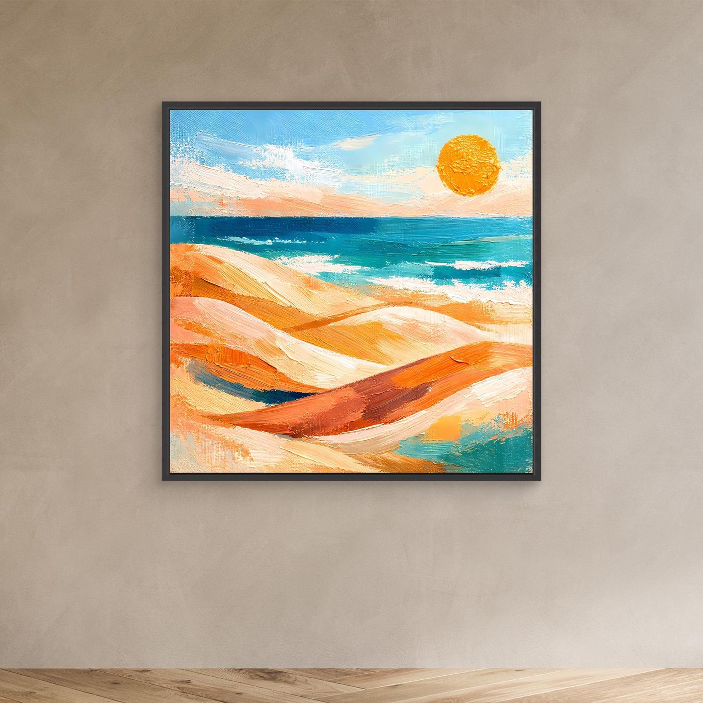 Leinwand-Wandbild mit abstraktem Strand und Meer, Sonnenmotiv, mit schwarzem Rahmen