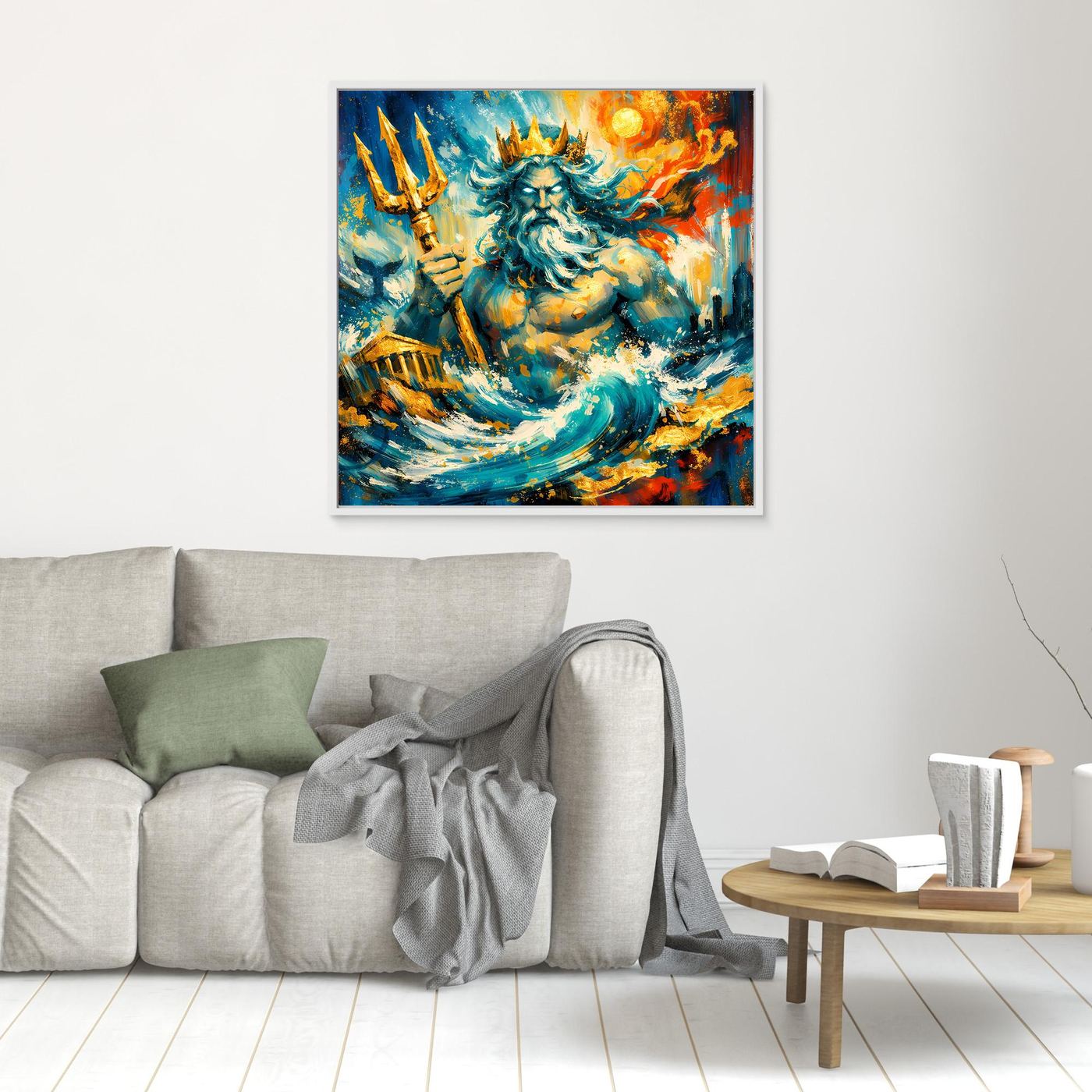 Kleines Leinwandbild mit abstrakter Poseidon-Meerfigur, im braunen Rahmen