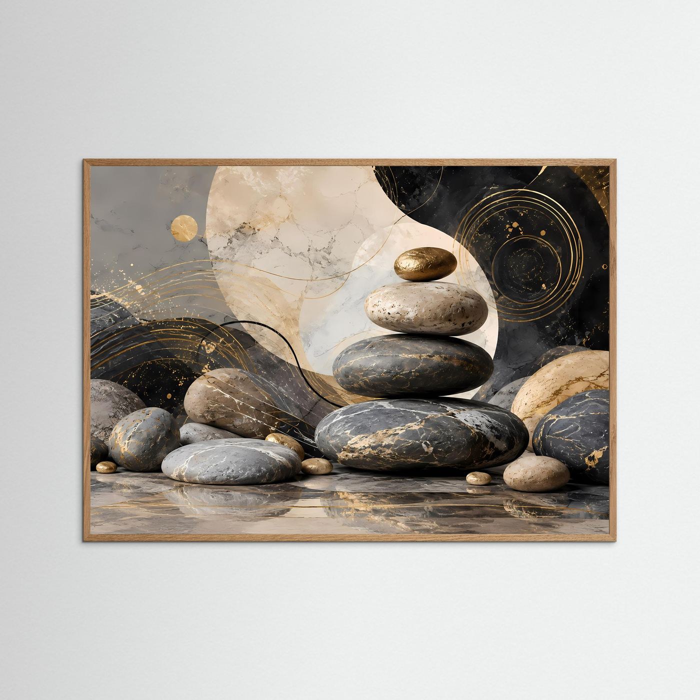 Zen Steine in Schwarz, Gold und Creme | Abstrakte Balance & Harmonie mit Marmorstruktur | Elegante moderne Wellness Kunst im Querformat