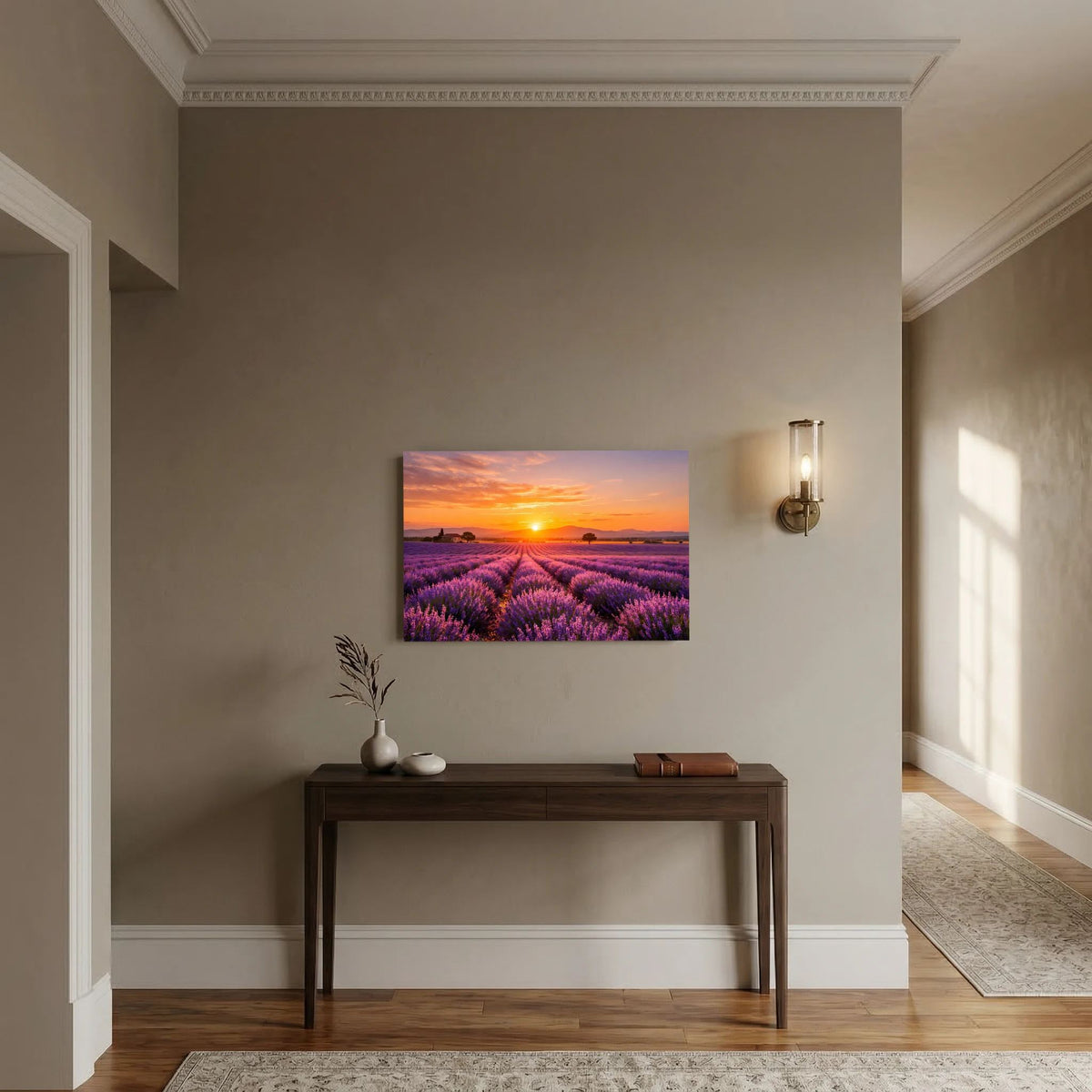 Lavendelfeld-Wandbild im Querformat mit Sonnenuntergang, rahmenlos