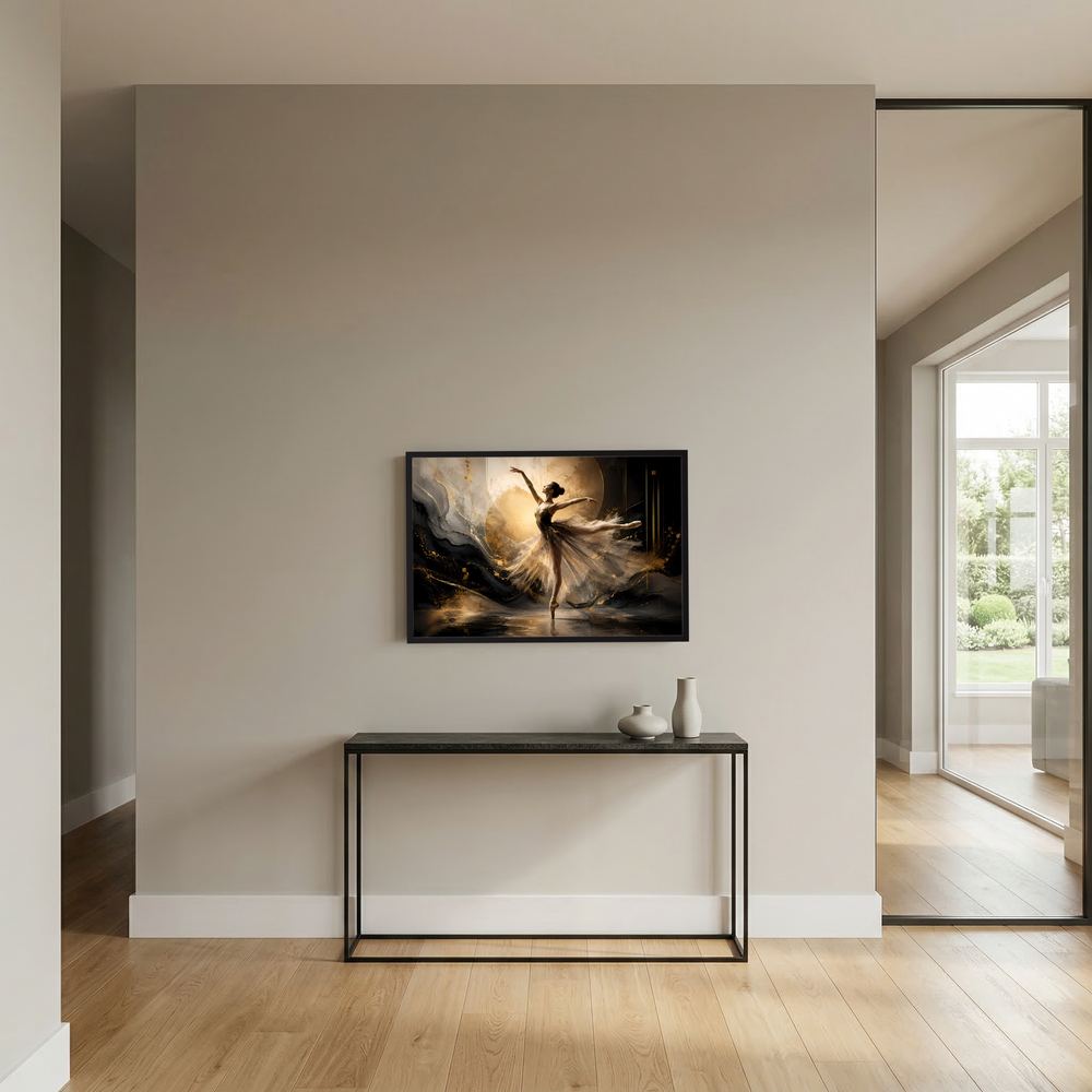 Poster Querformat mit tanzender Ballerina: schwarz, Creme und Gold, schwarzer Rahmen
