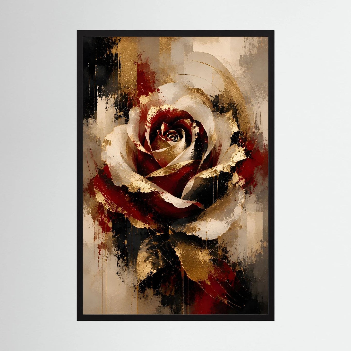 Poster im Hochformat mit abstrakter Rose in Rot, Gold und Schwarz, schwarz gerahmt