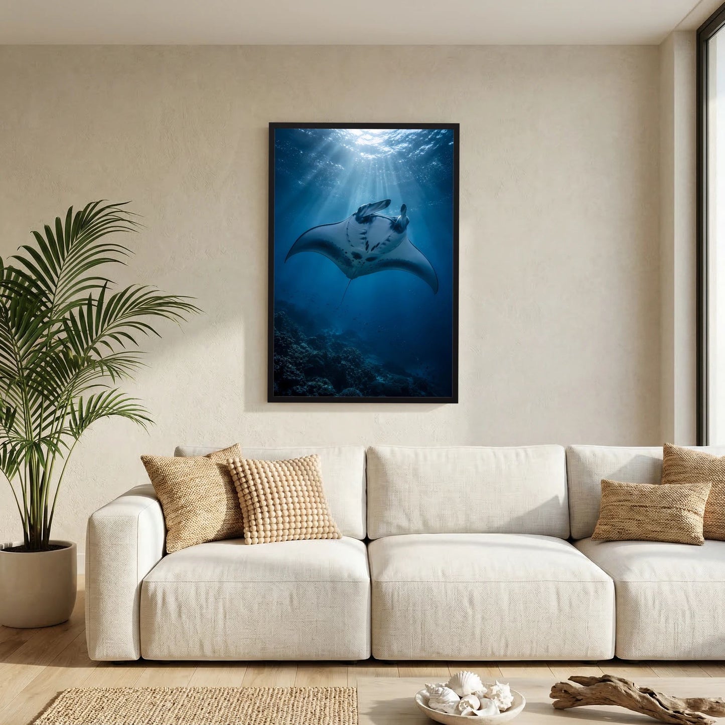 Gerahmtes Hochformat-Poster mit Mantarochen im tiefblauen Ozean und Lichtstrahlen