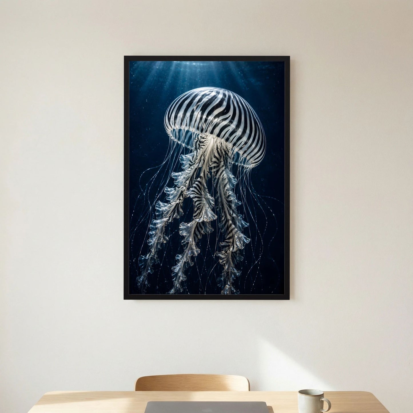Hochformat-Poster im schwarzen Rahmen: weiß-schwarz gestreifte Qualle auf dunklem Blau