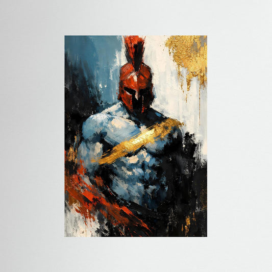 Kriegerposter im Hochformat: gerüsteter Gladiator mit Schwert, Blau-, Rot- und Goldtönen