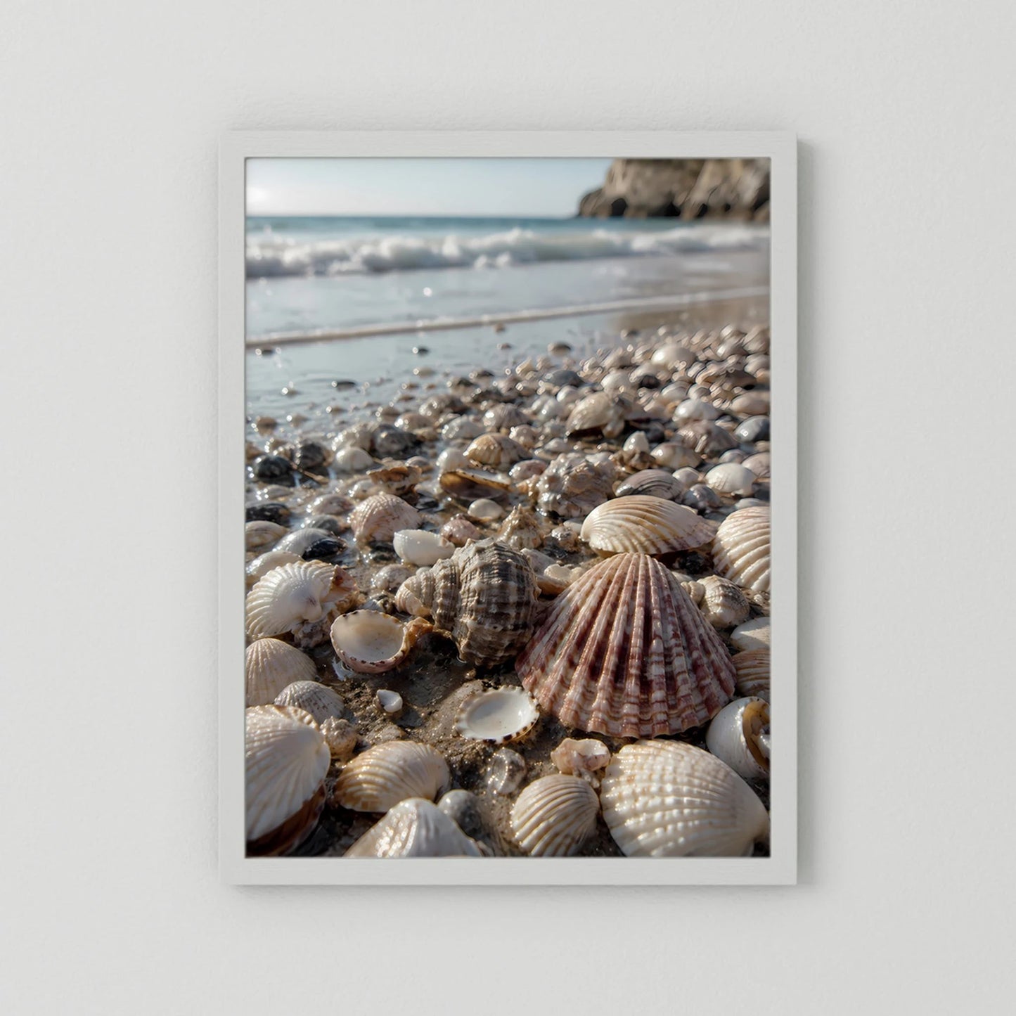 Hochformat-Poster mit Muschelstrand, weißer Rahmen und weißer Passepartout