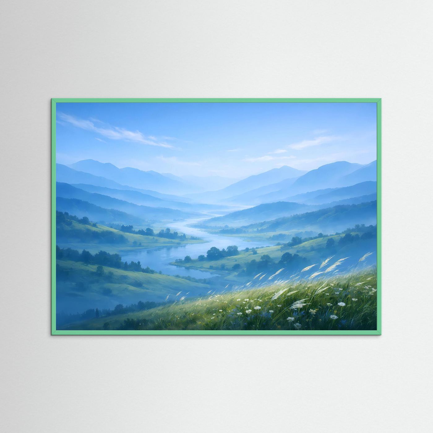 Landschaftsposter mit Bergtal, nebligem Fluss und blauem Himmel, grüner Holzrahmen