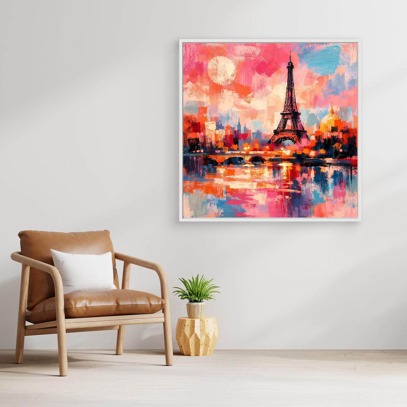 Gerahmtes Leinwand-Wandbild mit Eiffelturm über farbigem Stadt- und Wasserpanorama