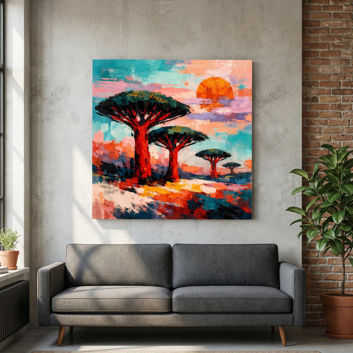 Leinwandbild abstrakte Savannenlandschaft mit großen Bäumen und orangefarber Sonne