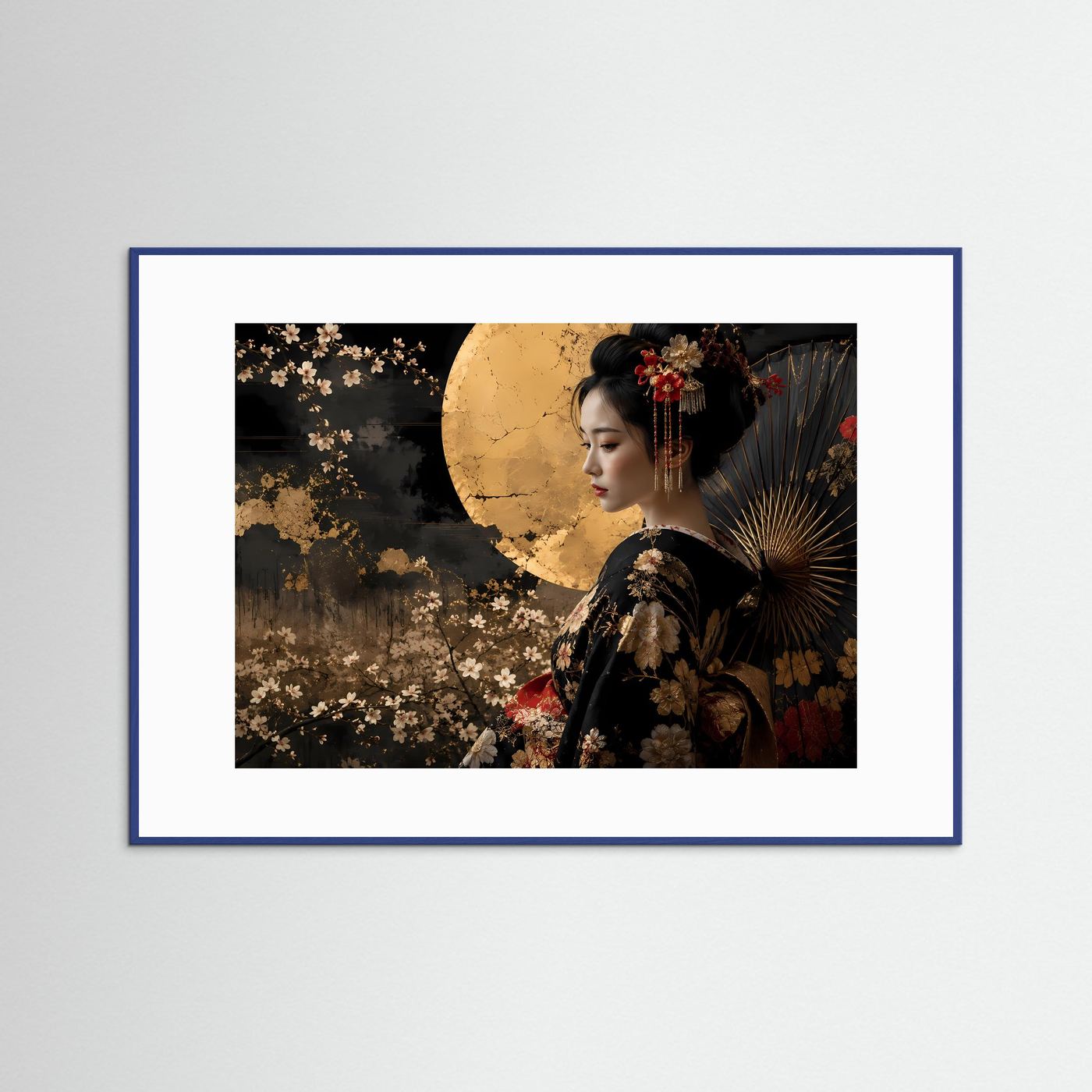 Elegante Geisha mit goldenem Vollmond | Japanische Kunst & Kimono Poster