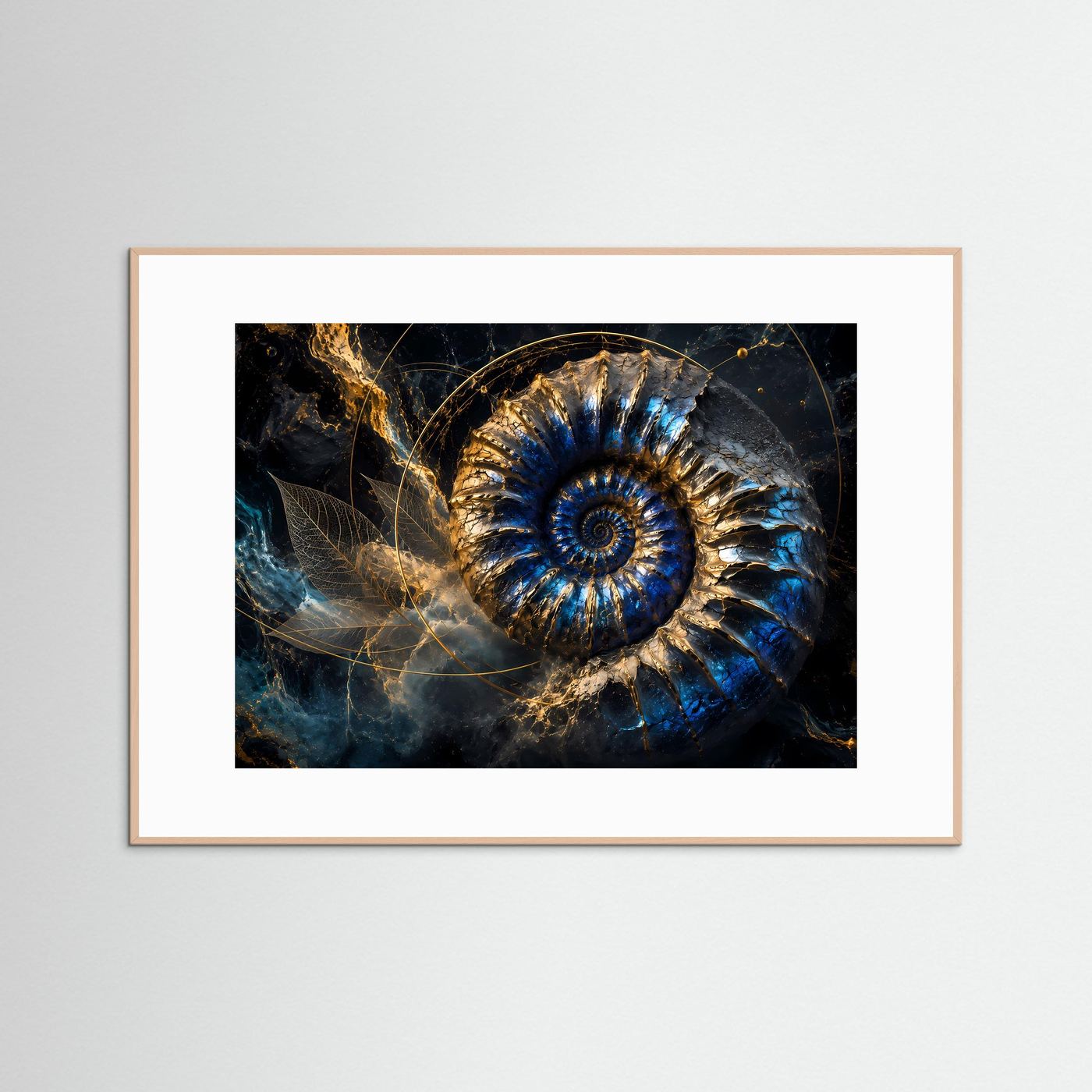 Goldener Ammonit in Tiefblau | Luxuriöse Fossil Kunst mit kosmischer Eleganz