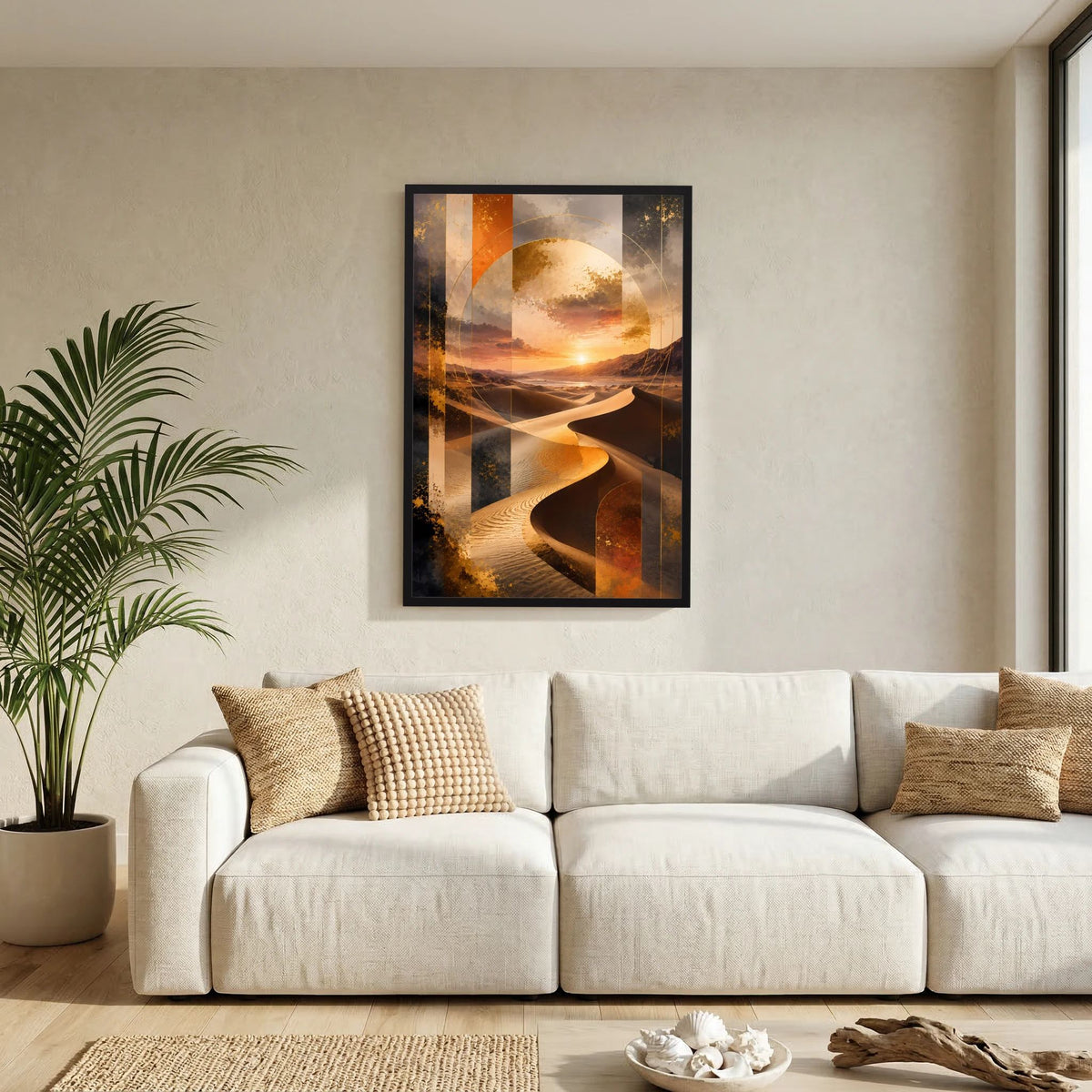 Poster mit schwarzem Rahmen, abstrakte Wüste mit goldenen Dünen und Sonnenuntergang