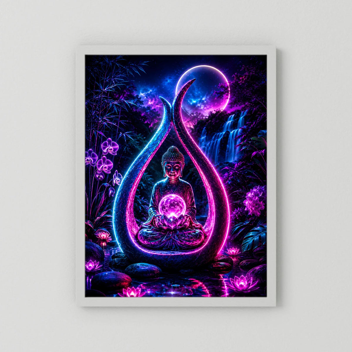 Neon-Poster im Hochformat: Buddha in Lotuspose, farbiger Lichteffekt, weißer Rahmen