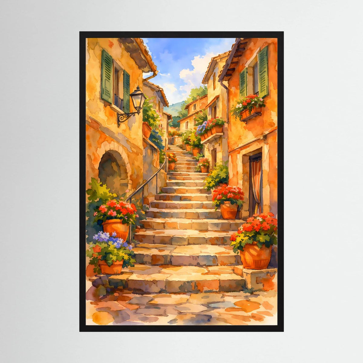 Gerahmtes Wandbild (schwarzer Rahmen) mit mediterraner Treppe und Blumen in Töpfen