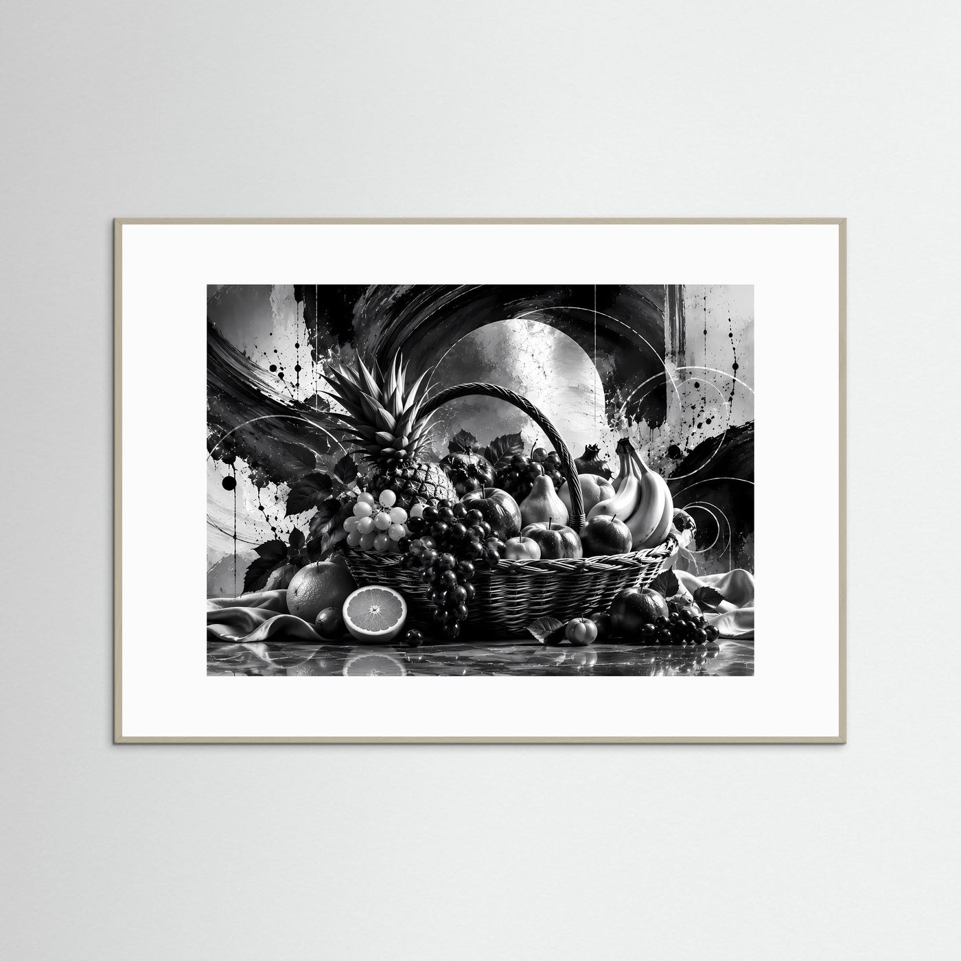 Schwarz-Weiß Obstkorb Poster | Modernes Stillleben Wandbild | Monochrome Früchte Kunst | Elegante Küchen Deko | Abstrakte Wall Art
