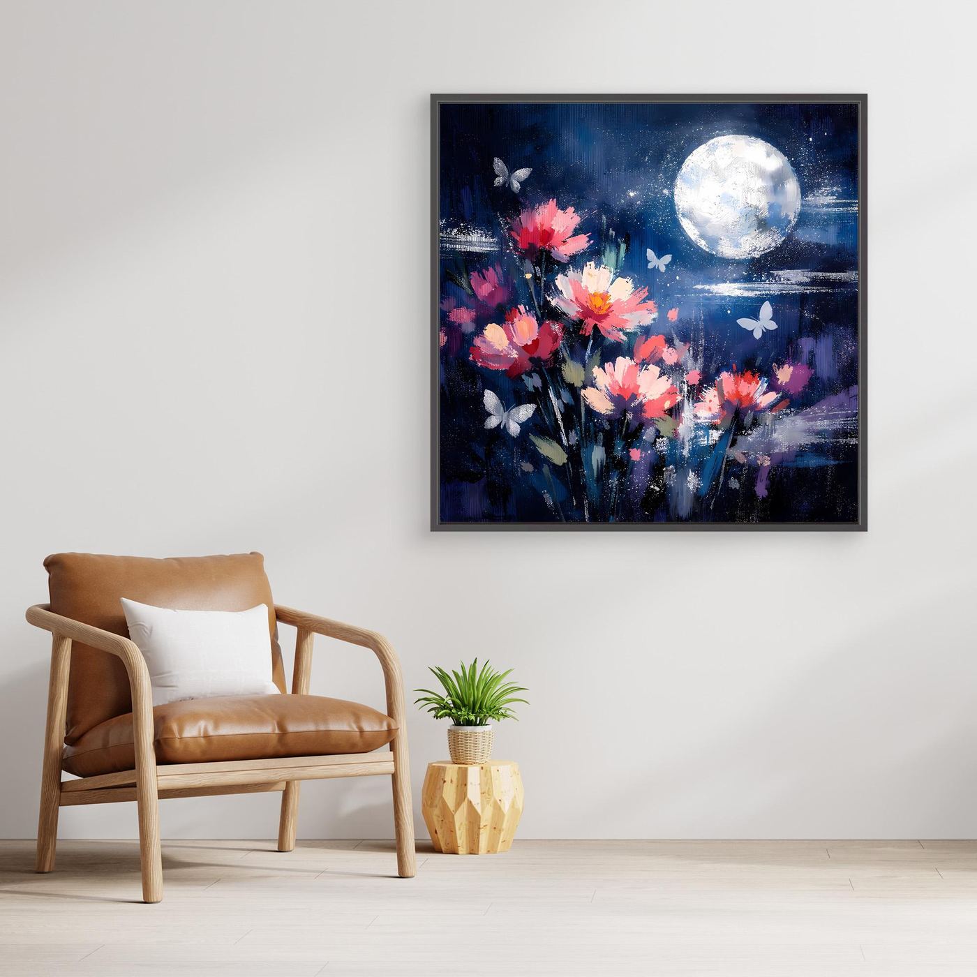 Quadratisches Leinwand-Wandbild mit Blumen, Schmetterlingen und hellem Vollmond; schwarzer Rahmen.