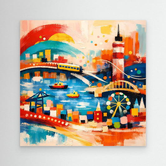 Abstract harbor canvas with boats, bridge, and tower in bright colors, no frame