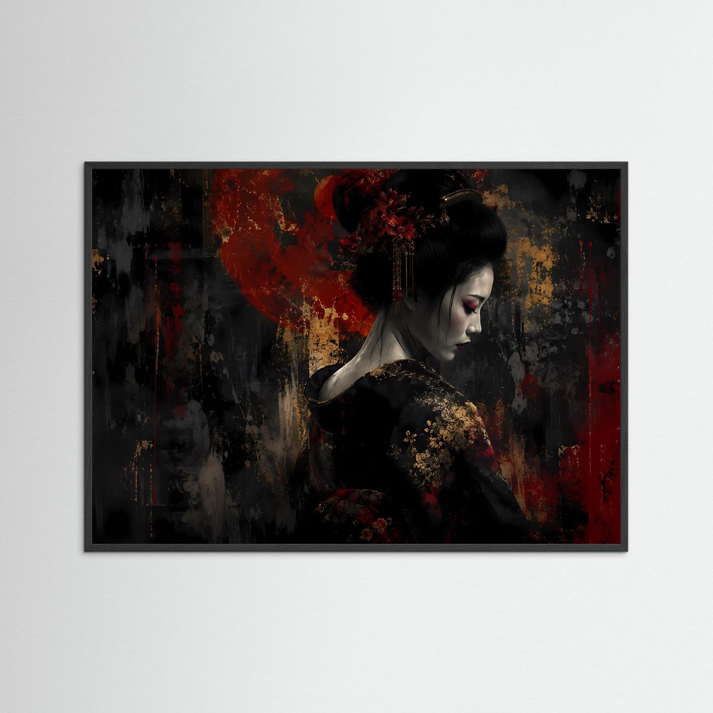 Japan-Kunstposter im schwarzen Rahmen: Porträt einer Geisha, schwarz-rot mit goldenen Akzenten