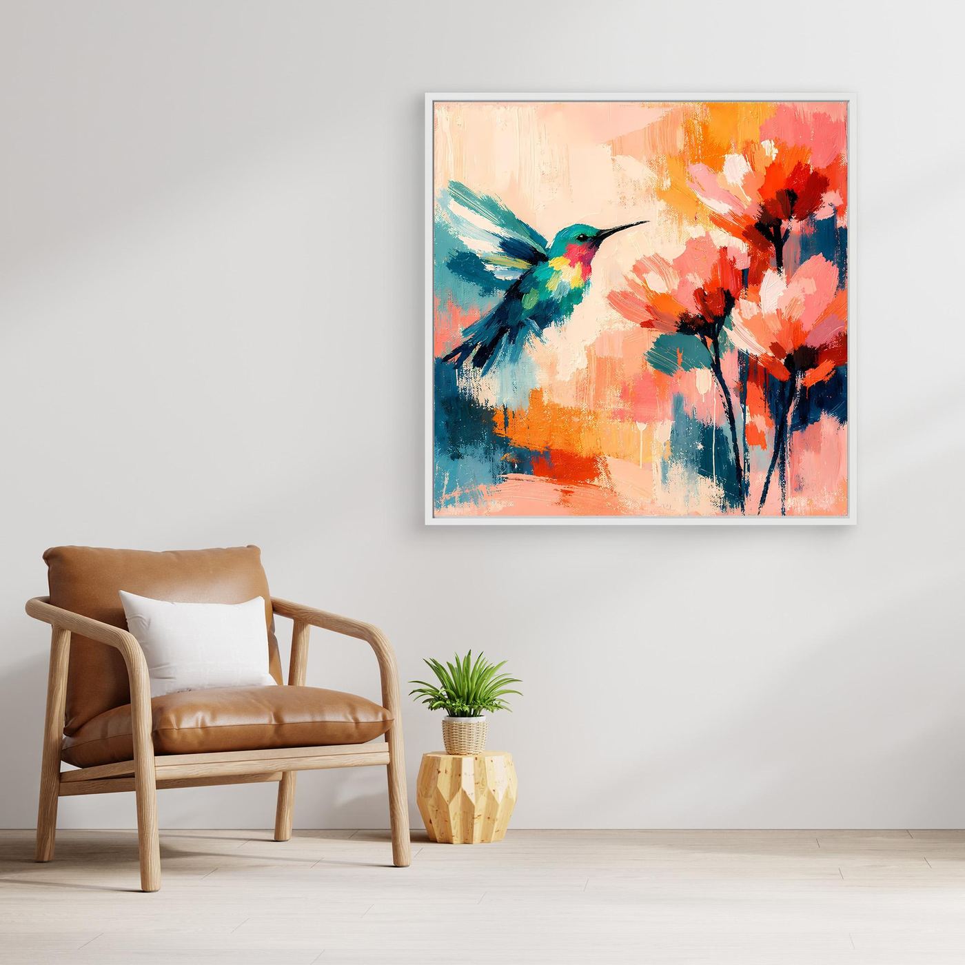 Abstract hummingbird canvas wall art with colorful flower blooms in white frame