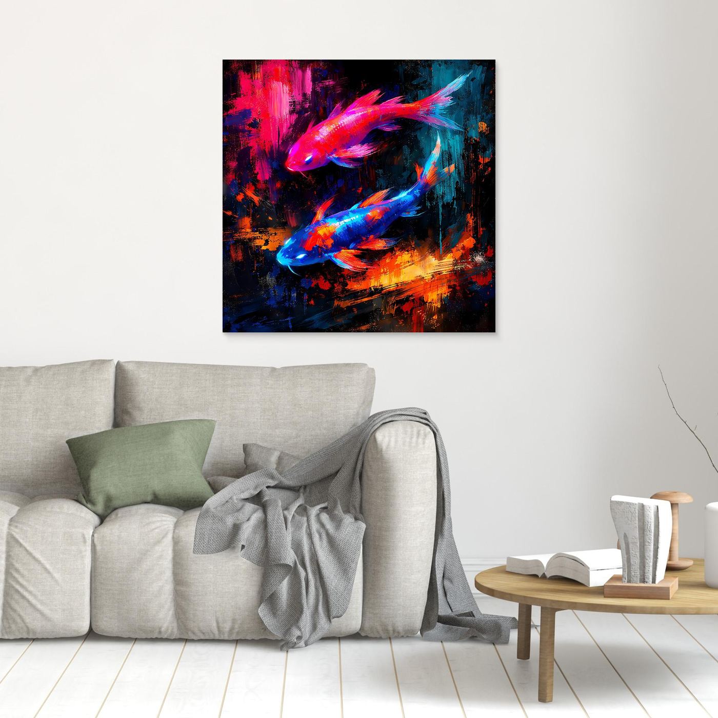 Leinwandbild mit leuchtenden Koi-Fischen in Pink-Blau auf abstraktem Yin-Yang-Design