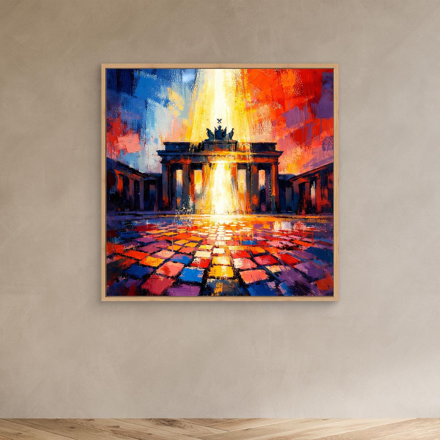 Abstraktes Leinwandbild Brandenburger Tor im Lichtermeer, mehrfarbig, Holzrahmen