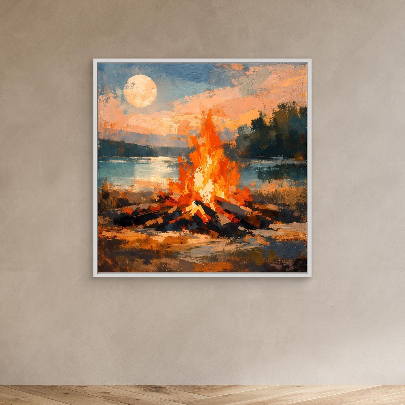 Leinwand-Wandbild mit Lagerfeuer am See im weißen Rahmen