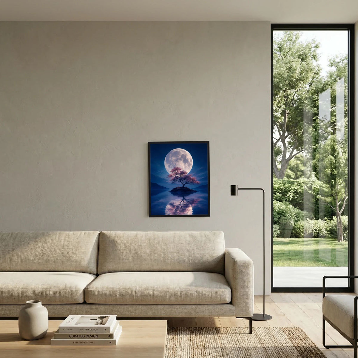 Wandbild-Poster im schwarzen Rahmen: Vollmond über See mit rosa Baum und Spiegelbild