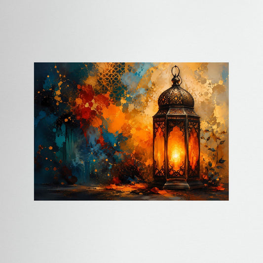 Leinwand-Wandbild mit orientalischer Laterne rechts, warm leuchtend, abstraktes Farbmuster