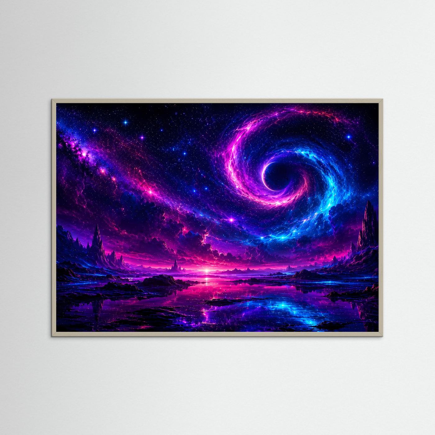 Kosmischer Wirbel Poster Querformat | Neon Galaxie Wandbild in Pink Blau | Futurale Weltraum Kunst mit Sternenhimmel