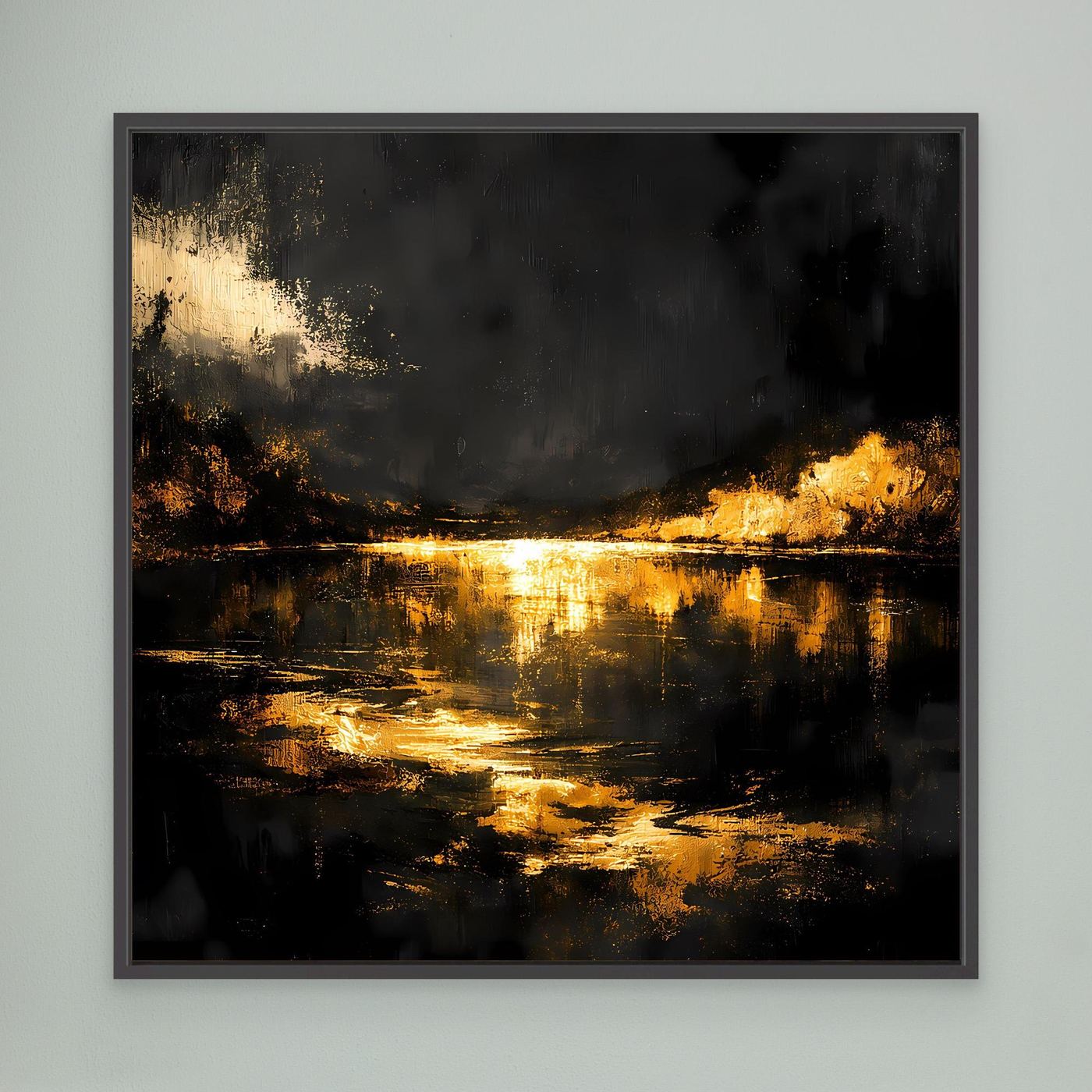Leinwand Goldene Flusslandschaft bei Nacht | Abstraktes Natur Wandbild Moderne Kunst