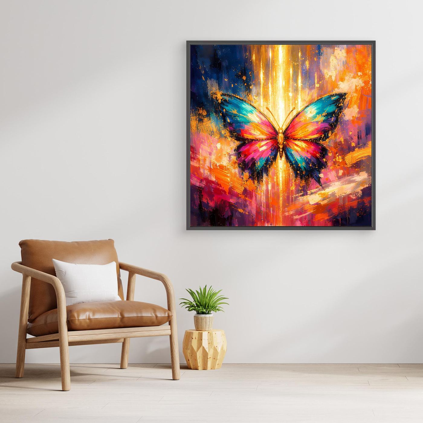 Gerahmtes Leinwandbild (Holzrahmen) mit buntem Schmetterling und goldenen Lichtstrahlen