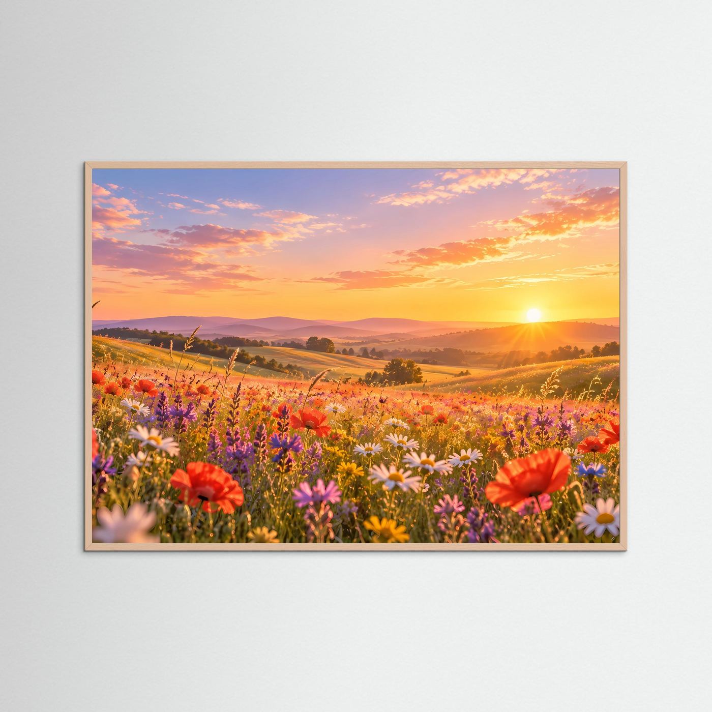 Gerahmtes Landschaftsbild mit Roséholzrahmen: Mohnblumen und Wildblumen im Sonnenuntergang