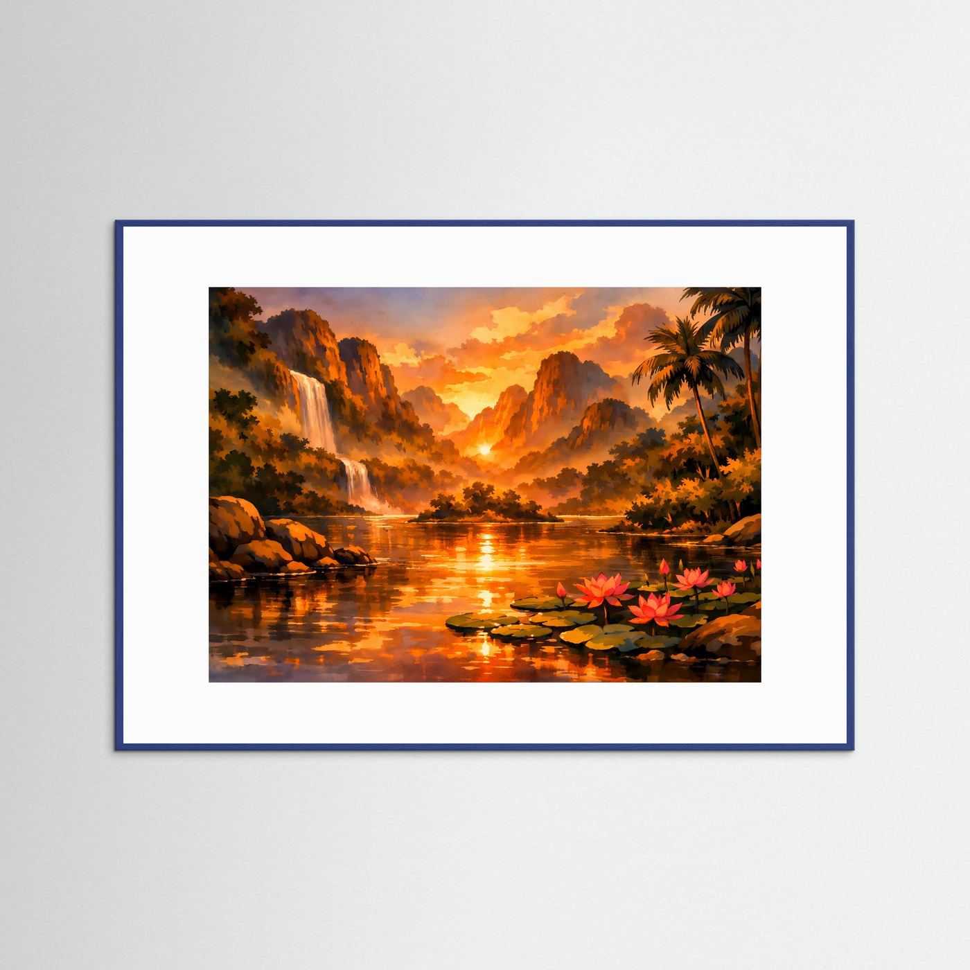 Querformat-Poster mit Sonnenuntergang über tropischem See, Palmen, Felsufern und Seerosen