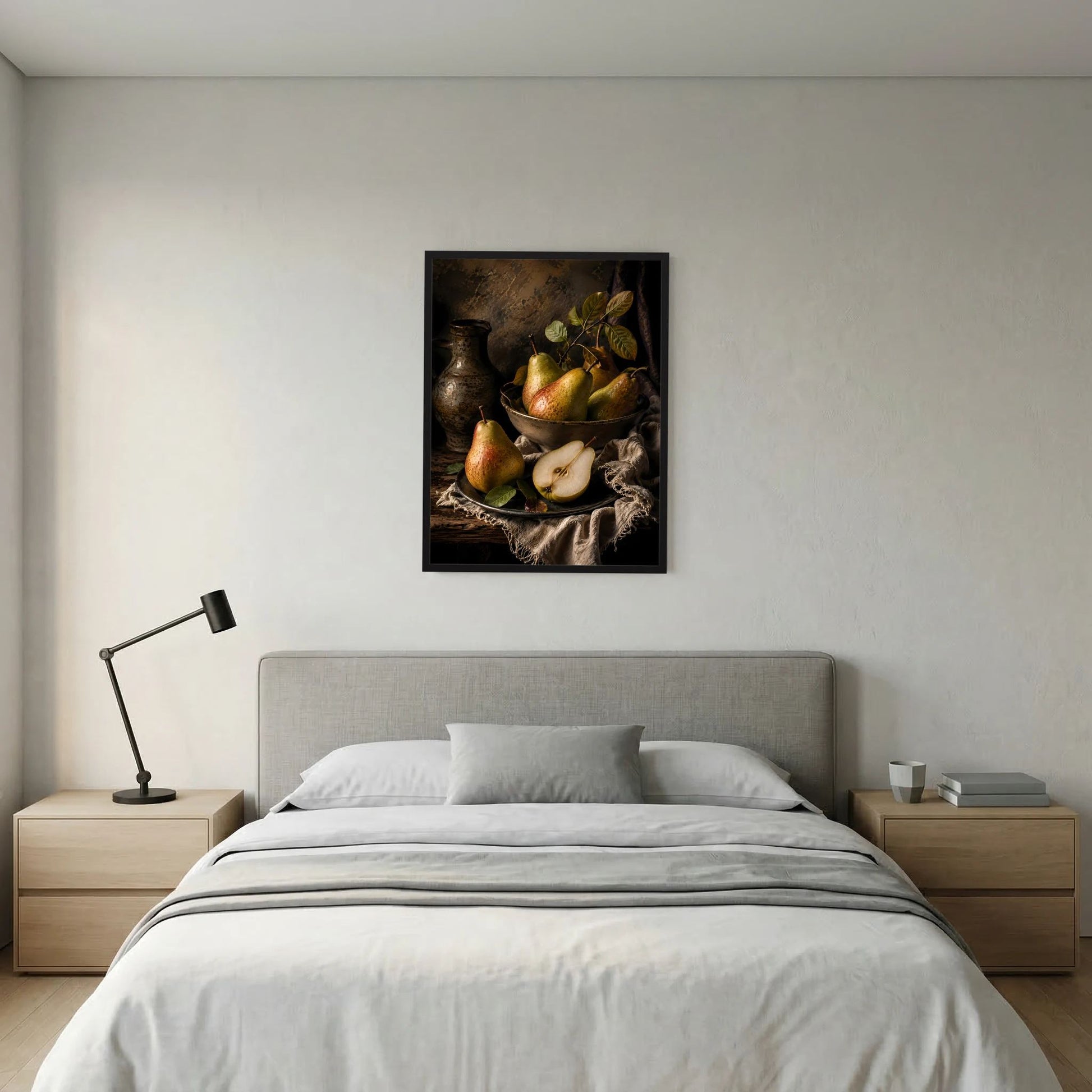 Stillleben-Poster mit Birnen und Vase im schwarzen Rahmen, Stofftuch am unteren Bildrand