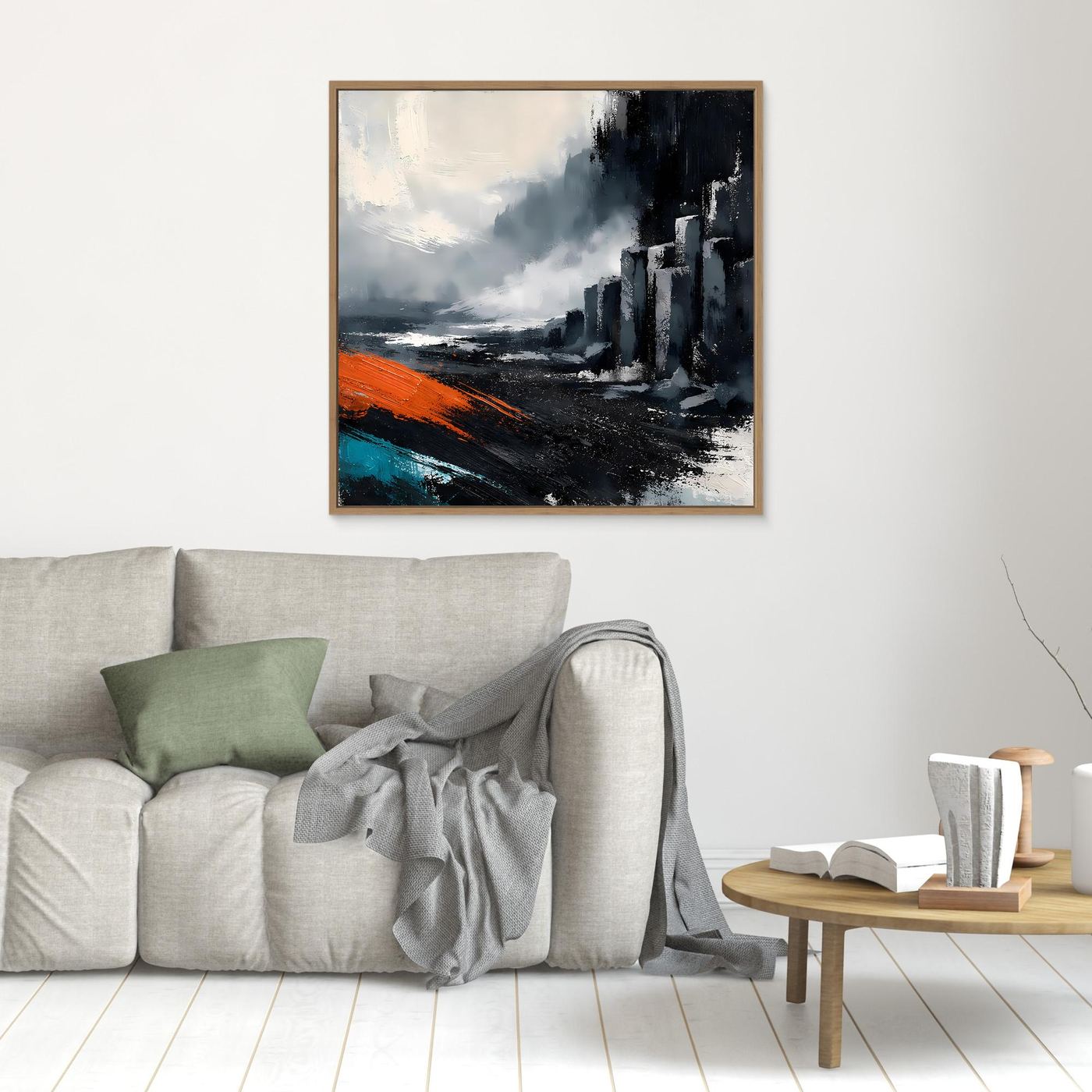 Leinwand Abstraktes Basaltsäulen Gemälde | Modernes Isländisches Vulkan Wandbild Schwarz Orange