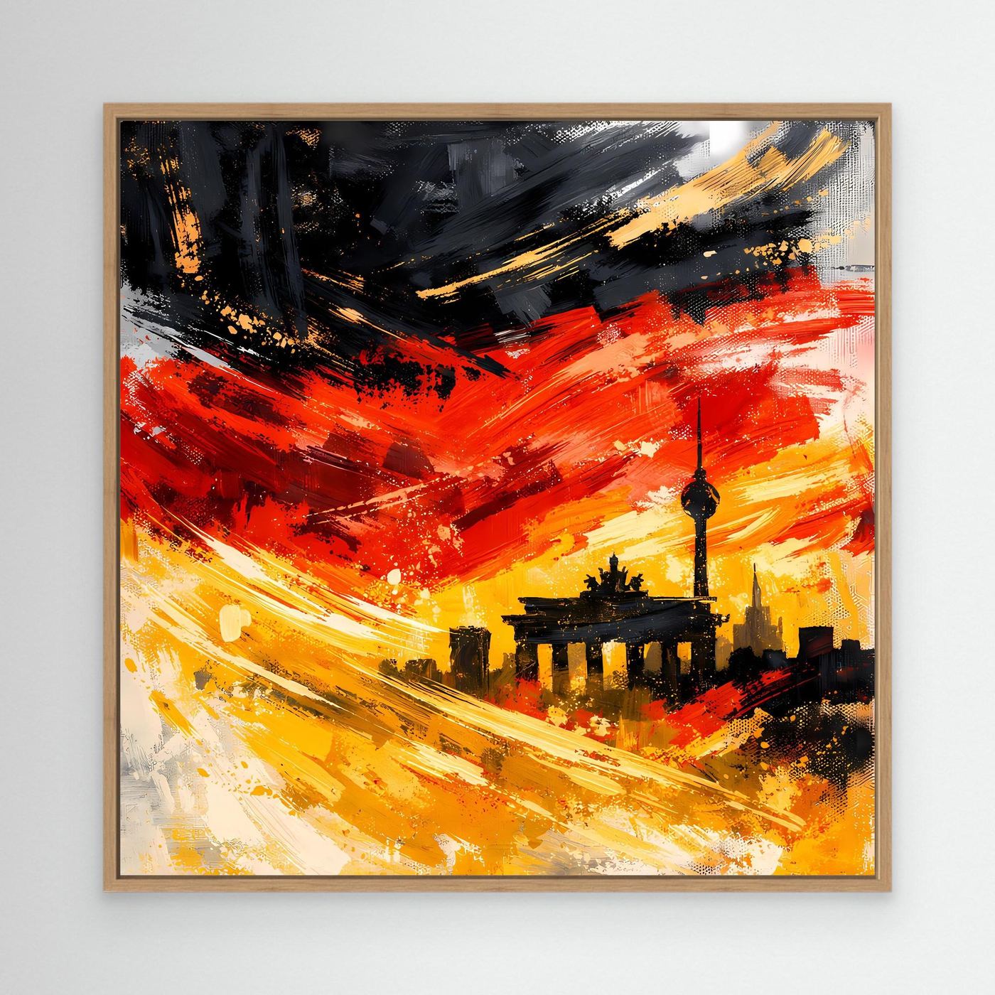 Leinwandbild Skyline Berlin mit Eichenrahmen, abstrakte Skyline in Rot, Gelb und Schwarz