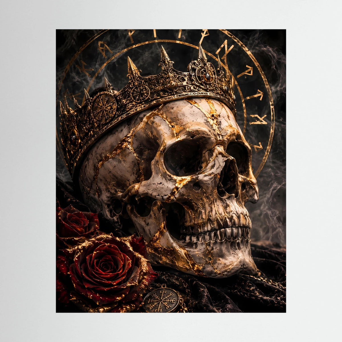 Gerahmtes Poster mit Totenkopf, goldener Krone, roten Rosen und Wikinger-Runen, schwarz-gold