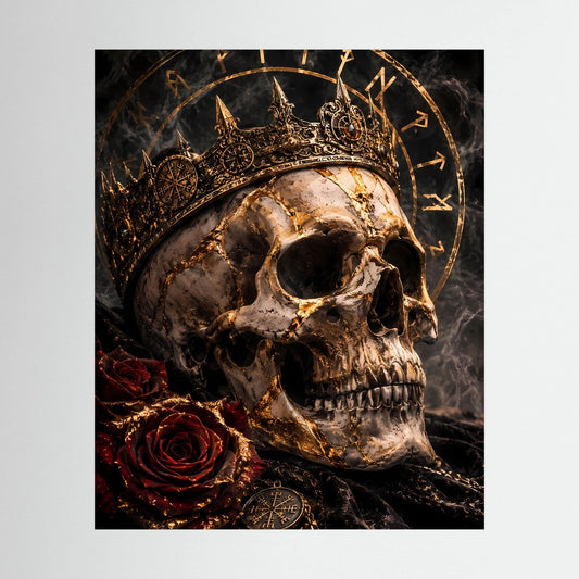 Gerahmtes Poster mit Totenkopf, goldener Krone, roten Rosen und Wikinger-Runen, schwarz-gold