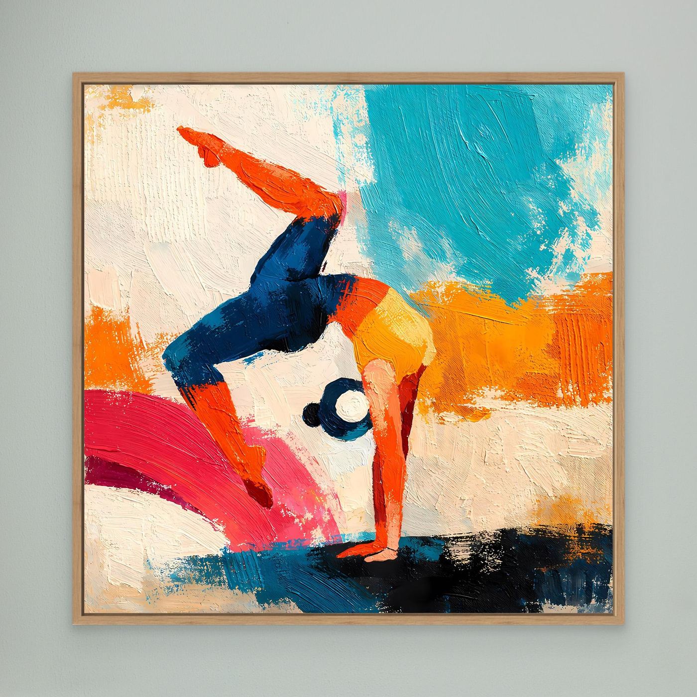 Oak-framed abstract yoga handstand wall art with blue, orange, red and teal figure pose