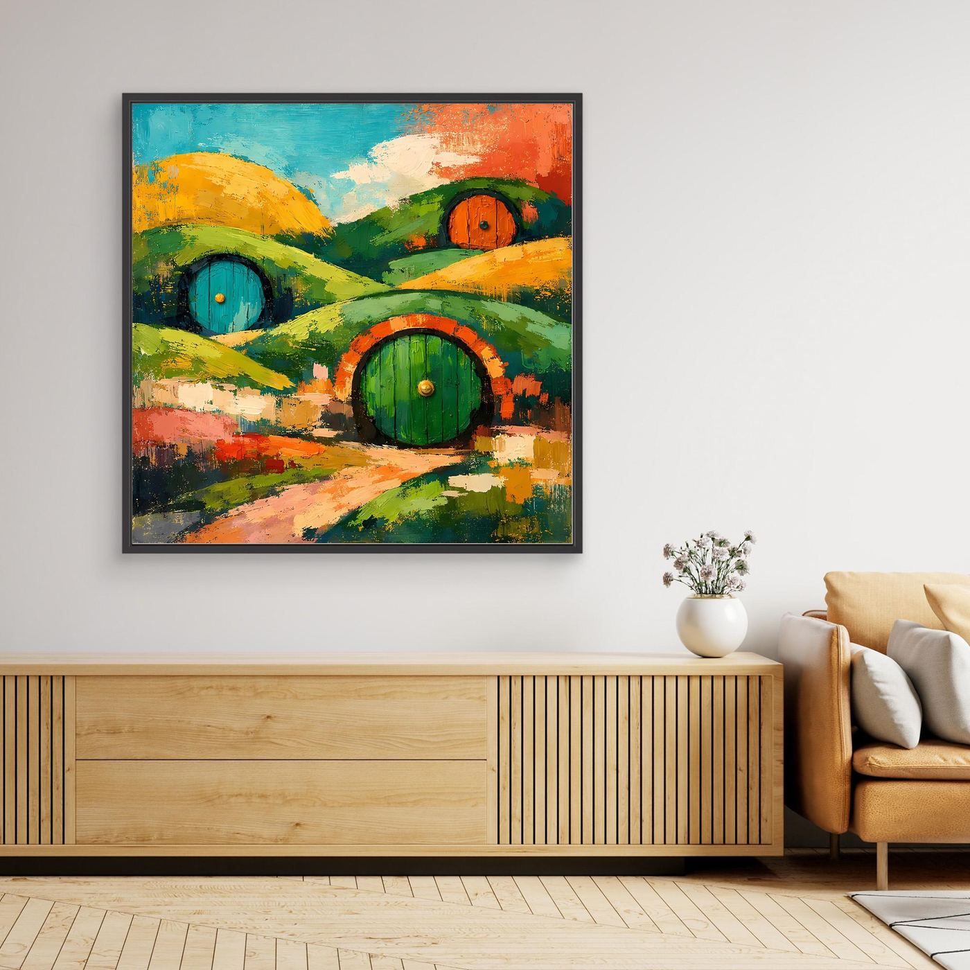 Modernes abstraktes Landschafts-Wandbild auf Leinwand mit grünen Hügeln und schwarzen Rahmen