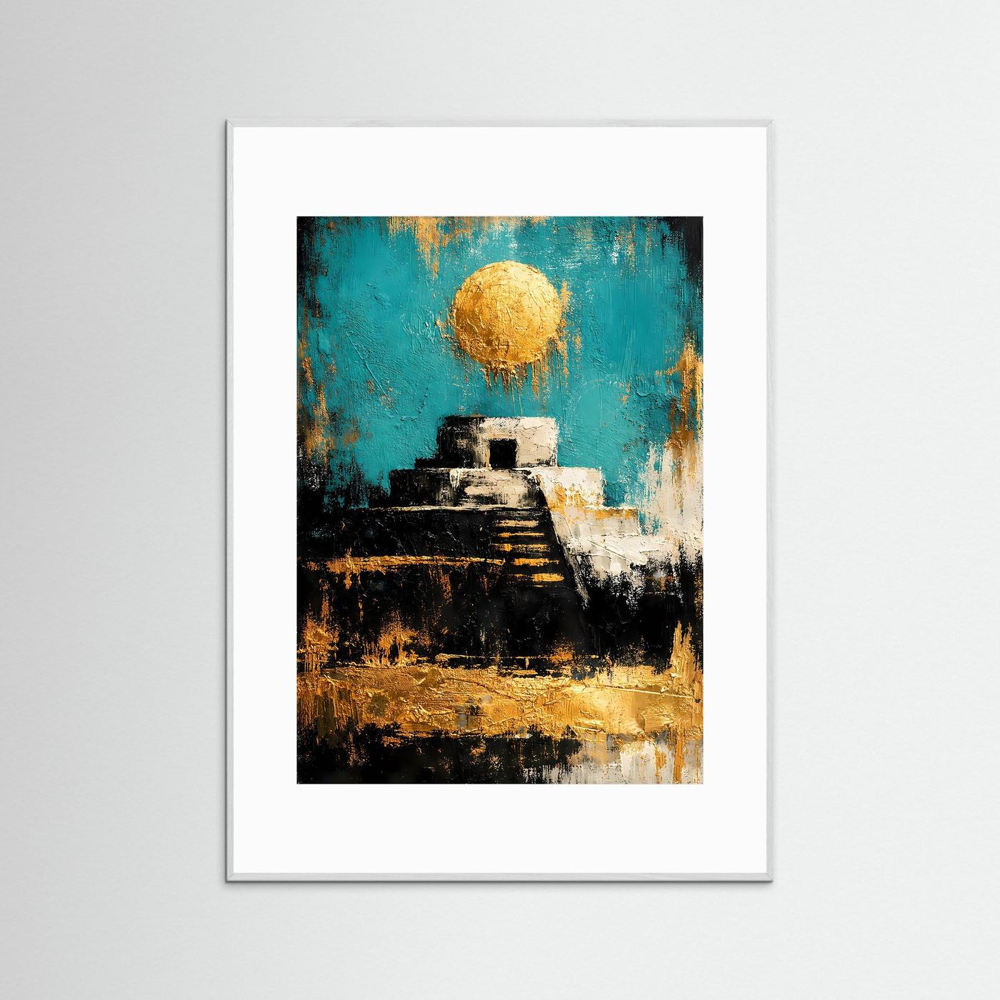 Gerahmtes Kunstposter mit abstrakter Pyramide: türkis & golden, hellgrauer Rahmen