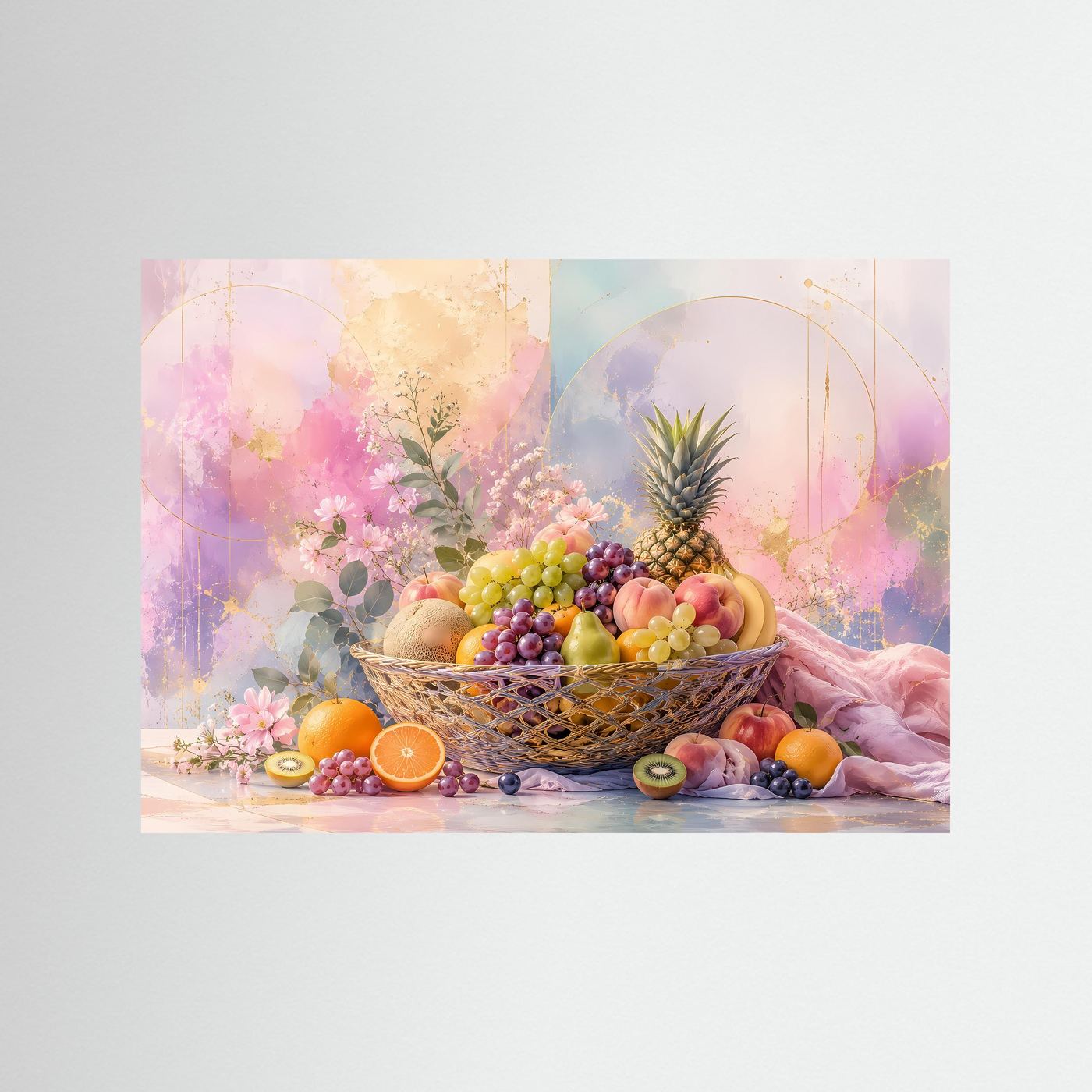 Abstrakter Obstkorb in Pastell | Elegantes Stillleben mit Früchten & Blüten