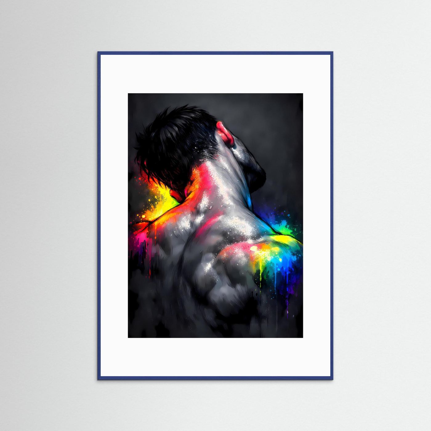 The Neon Back | Luxuriöses Mann Rückenakt Poster Bunt & Dunkel | Abstraktes Body Art Kunstposter Hochformat