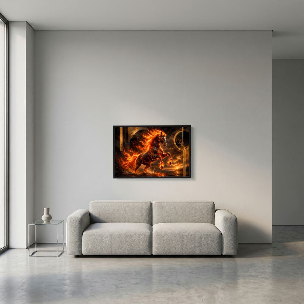 Feuerpferd-Wandposter (Querformat) mit schwarzem Rahmen und flammendem Pferd in Orange